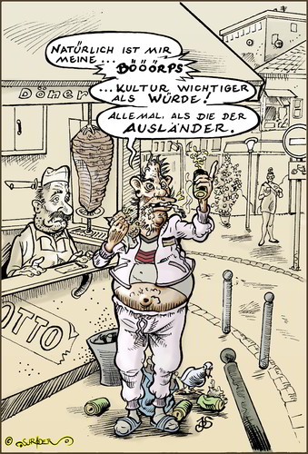 Cartoon: Kultur oder Würde (medium) by KritzelJo tagged kultur,würde,imbiss,döner,deutsch,dosenbier