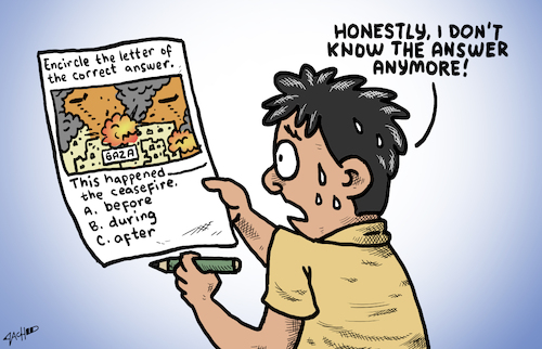 Cartoon: Multiple Choice (medium) by cartoonistzach tagged gaza,ceasefire,israel,genocide,quiz,gaza,ceasefire,israel,genocide,quiz