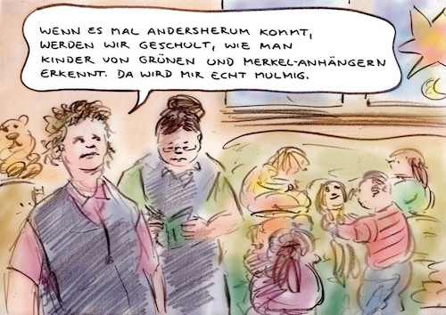 Cartoon: Verunsicherte Kindergartentanten (medium) by Bernd Zeller tagged politische,erzeihung