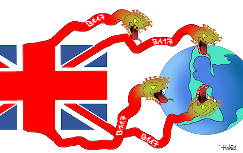 Cartoon: B.1.1.7 (medium) by Fish tagged b117,mutation,mutante,virus,covid,19,corona,england,briten,gefährlicher,tödlicher,studien,bedrohung,impfmittel,schlangen,union,jack,flagge,welt,erde,erdkreis,globus