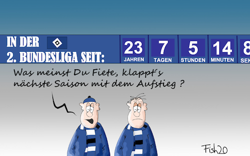 Cartoon: HSV Stadionuhr (medium) by Fish tagged hsv,bundesliga,abstieg,aufstieg,fussball,hamburg,fan,fussballfan,fiete,saison,stadionuhr,volksparkstadion