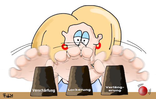 Cartoon: Hütchenspiel (medium) by Fish tagged hütchenspiel,lockerung,verlängerung,verschärfung,öffnung,öffnungstrategien,lockdown,corona,covid,19,ansteckung,impfen,impfpass,schnelltest,merkel,söder,spahn,cdu,csu