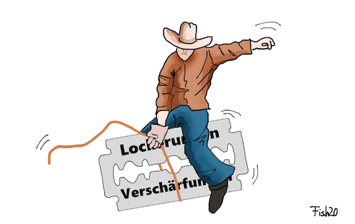 Cartoon: Rasierklinge (medium) by Fish tagged lockerungen,verschärfungen,ritt,rasierklinge,pandemie,lockdown,light,infektionszahlen,ansteckung,kontakte