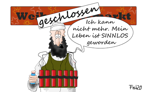 Cartoon: sinnlos (medium) by Fish tagged weihnachtsmärkte,anschläge,terror,islamisten,lockdown,ligth,kontaktbeschränkungen,sprengstoffgürtel,leben,tod,sinnlos,sinn,islam,is,religion,dynamit