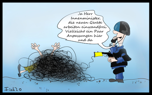 Cartoon: Taser für die Bundespolizei (medium) by Fish tagged taser,polizei,bundespolizei,innenminister,minister,waffen,abwehr,csu