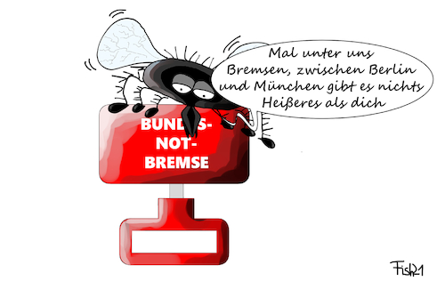 Cartoon: unter Bremsen (medium) by Fish tagged bremse,pferdebremse,notbremse,infektionsschutzgesetz,lockdown,lockerungen,öffnungen,merkle,laschet,söder,spahn,cdu,csu