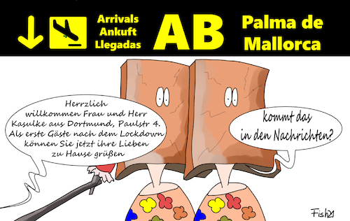 Cartoon: Urlaub ist peinlich (medium) by Fish tagged corona,urlaub,peinlich,mallorca,ankunft,arival,palma,de,beherbergungsverbot,lockdown,ferien,ferienhaus,verbot,papiertüte,nachrichten,familie,kollegen,gäste,hotel,dortmund,flughafen,flugreisen