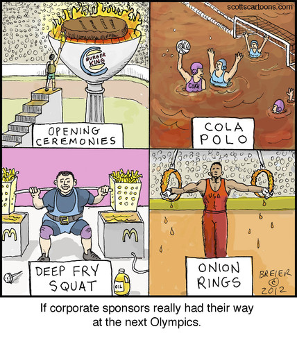 Cartoon: Corporate Games (medium) by noodles tagged water,olympics,ceremonies,opening,lifting,weight,polo,noodles,king,burger,mcdonalds