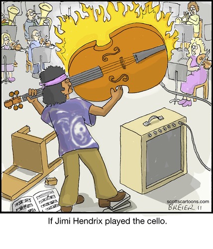 Cartoon: Jimi (medium) by noodles tagged orchestra,fire,noodles,music,cello,hendrix,jimi
