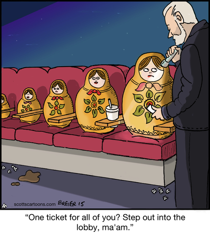 Cartoon: Nesting Dolls Scam (medium) by noodles tagged nesting,dolls,movie,theater,ticket,noodles,film