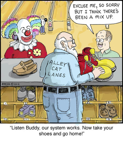 Cartoon: Shoes (medium) by noodles tagged bowling,shoes,clown,noodles,mix,up