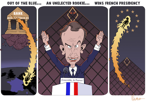 Cartoon: A Rookie Wins French Presidency (medium) by NEM0 tagged emmanuel,macron,france,president,french,elections,paris,pyramid,louvre,banker,rothchild,bank,eu,europe,nemo,nem0,emmanuel,macron,france,president,french,elections,paris,pyramid,louvre,banker,rothchild,bank,eu,europe,nemo,nem0