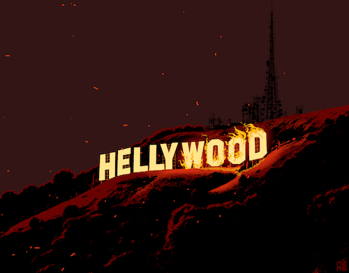 Cartoon: HELLYWOOD (medium) by NEM0 tagged california,los,angeles,palisades,hollywood,fire,wildfire,arson,lafd,training,manpower,neglect,managment,radical,activism,mismanagment,dei,policy,budget,cut,drought,eco,terror,disaster,emergency,landgrab,la,28,smart,city,gavin,newsom,mayor,karen,bass,antenna,hell,flames,water,nemo,california,los,angeles,palisades,hollywood,fire,wildfire,arson,lafd,training,manpower,neglect,managment,radical,activism,mismanagment,dei,policy,budget,cut,drought,eco,terror,disaster,emergency,landgrab,la,28,smart,city,gavin,newsom,mayor,karen,bass,antenna,hell,flames,water,nemo