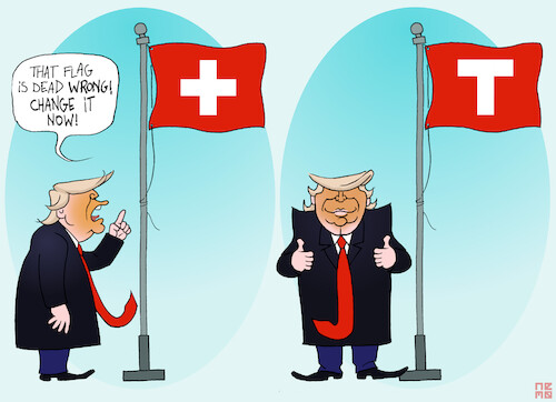 Cartoon: Switzrumpland (medium) by NEM0 tagged us,usa,president,donald,trump,washington,america,monroe,donroe,doctrine,nato,empire,wef,world,economic,forum,swiss,flag,switzerland,davos,elite,megalomany,megalomaniac,narcissism,narcissistic,neocolonial,global,order,gag,2026,nemo