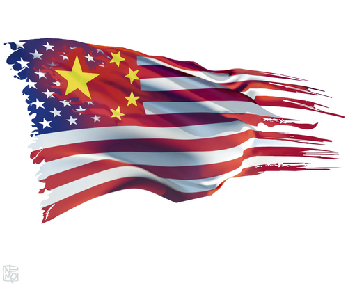 Cartoon: US DEBT with China (medium) by NEM0 tagged stripes,and,stars,dollar,economy,china,debt,us,usa
