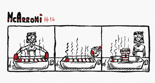 Cartoon: McArroni nro. 16 (medium) by julianloa tagged mcarroni,bird,cooking,pie,castle,annoying
