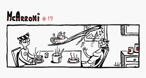 Cartoon: McArroni nro. 19 (medium) by julianloa tagged mcarroni,bird,soup,hunger,attack,branch,nest