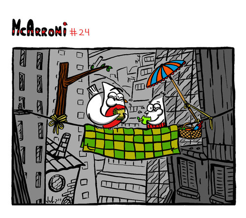 Cartoon: McArroni nro. 24 (medium) by julianloa tagged mcarroni,bird,friend,picnic,city,contamination