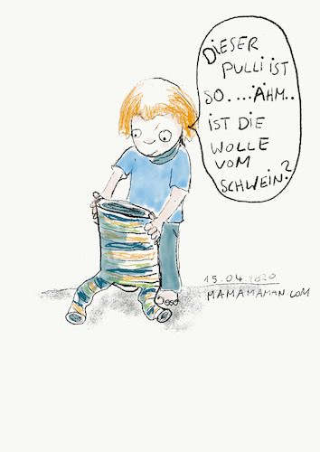 Cartoon: Ist die Wolle vom Schwein? (medium) by maman tagged kids,natur,ökokleidung,familie,coronahausarrest