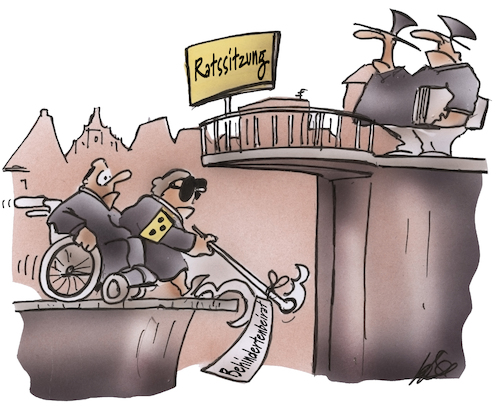 Cartoon: Behindertenbeirat (medium) by HSB-Cartoon tagged behindertenbeirat,behinderung,rat,ratsarbeit,ratsherr,politik,politiker,inklusion,blind,rollstuhl,gehbehindert,senioren,auugenhöhe,stadtrat,verwaltung,karikatur,blindenstock,einschränkung,behindertenbeirat,behinderung,rat,ratsarbeit,ratsherr,politik,politiker,inklusion,blind,rollstuhl,gehbehindert,senioren,auugenhöhe,stadtrat,verwaltung,karikatur,blindenstock,einschränkung