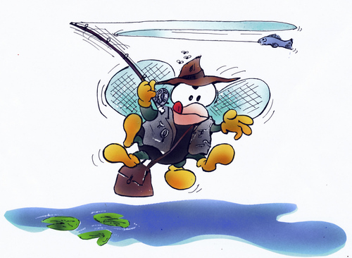 Cartoon: Flyfishing (medium) by HSB-Cartoon tagged fliege,fishing,fly,angeln,angeling,water,sea,river,pond,salm,cartoon,caricature,airbrush,motiv,hsb