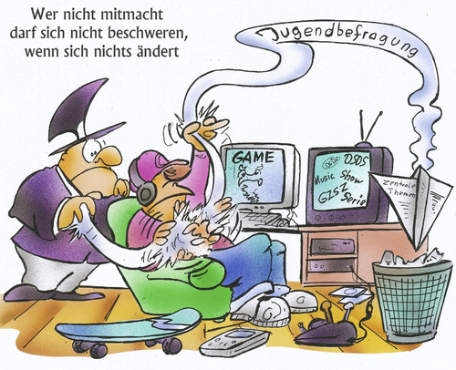 Cartoon: Jugendbefragung (medium) by HSB-Cartoon tagged jugend,teen,twen,jugendliche,befragung,politik,politiker,meinung,ansicht,ablenkung,cartoon,karikatur,hsb,airbrush,jugend,jugendliche