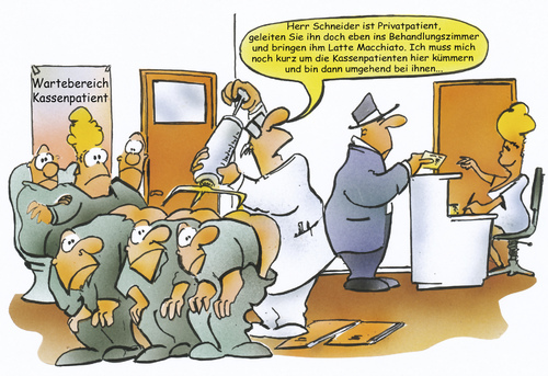 Cartoon: Patientenunterschied (medium) by HSB-Cartoon tagged patient,arzt,arztpraxis,kassenpatient,privatpatient,gesundheit,gesundheitswesen,krankenkasse,wartezimmer,cartoon,karikatur,airbrush