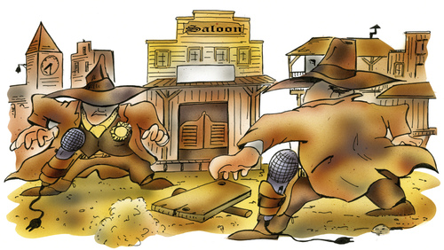 Cartoon: Rededuell (medium) by HSB-Cartoon tagged streitgespräch,rede,rededuell,duell,talkshow,diskussion,debatte,auseinandersetzung,cartoon,cartoonmotiv,highnoon,western,westernstadt,pistole,colt,cowboy,outlawer,mikrophon,streitgespräch,rede,rededuell,duell,talkshow,diskussion,debatte,auseinandersetzung,cartoon,cartoonmotiv,highnoon,western,westernstadt,pistole,colt,cowboy,outlawer,mikrophon