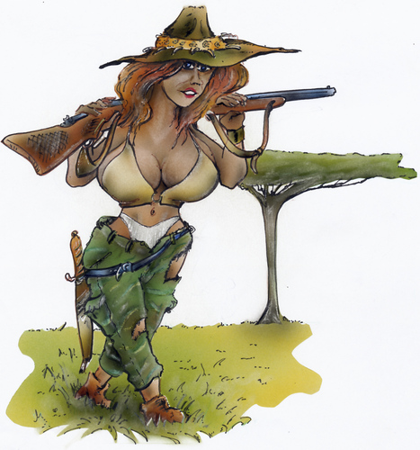 Cartoon: safari girl (medium) by HSB-Cartoon tagged world,championship,soccer,hunter,africa,southafrica,football,girl,woman,gun,safari