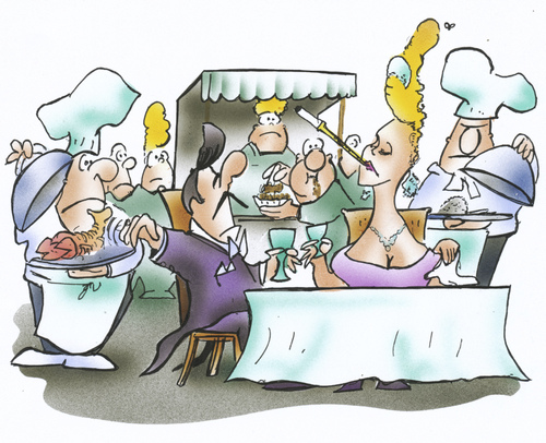 Cartoon: Snobfood meets fastfood (medium) by HSB-Cartoon tagged airbrush,hsb,karikatur,catricature,cartoon,gesellschaft,essen,koch,women,man,cooker,kitchen,gourmet,fastfood,lunch,diner,meal,food,snob,snob,essen,gastronomie,restaurant,reich