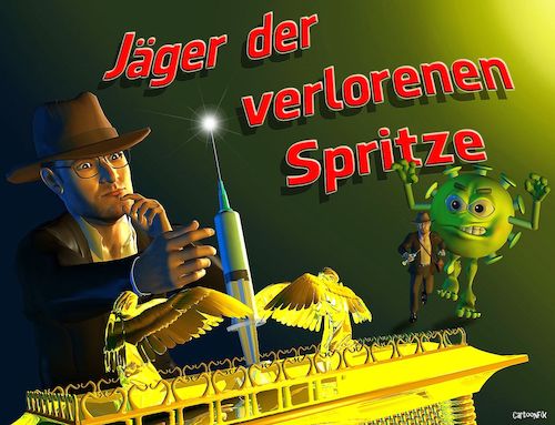 Cartoon: Jäger der verlorenen Spritze (medium) by Cartoonfix tagged impfstoff,beschaffung,corona,pandemie,impfung