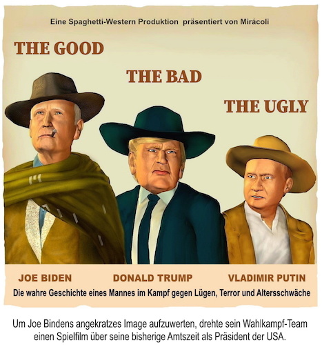 Cartoon: Spaghetti Wahlkampf (medium) by Cartoonfix tagged usa,wahlkampf,parkinson,biden,trump,putin,spaghetti,western,filmplakat,sergio,leone,election,2024,united,states