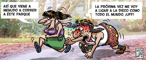 Cartoon: deporte de riesgo (medium) by Wadalupe tagged deporte,ligar,flirt,dating,footing,parque