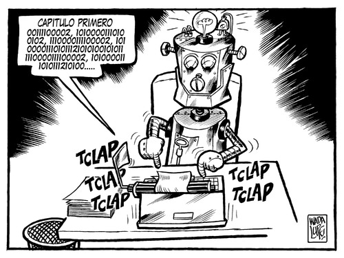 Cartoon: escribiendo un libro nuevo (medium) by Wadalupe tagged hogar,esperanza,alegria,vida,empezar,escritor,internet,cibernetica,robot