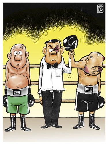 Cartoon: por puntos (medium) by Wadalupe tagged boxeo,ring,gancho,arbitro,ko,puntos,decision,arbitraria