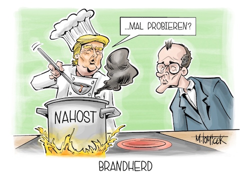 Cartoon: Brandherd (medium) by Mirco Tomicek tagged bundeskanzler,friedrich,merz,reist,reise,washington,usa,amerika,präsident,donald,trump,iran,israel,angriffe,angriff,luftangriffe,nahost,konflikt,gaza,gazastreifen,krisenherd,brandherd,karikatur,pressekarikatur,cartoon,mirco,tomicek,bundeskanzler,friedrich,merz,reist,reise,washington,usa,amerika,präsident,donald,trump,iran,israel,angriffe,angriff,luftangriffe,nahost,konflikt,gaza,gazastreifen,krisenherd,brandherd,karikatur,pressekarikatur,cartoon,mirco,tomicek