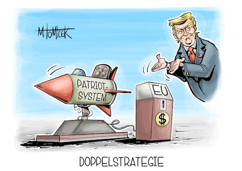Cartoon: Doppelstrategie (medium) by Mirco Tomicek tagged ukraine,krieg,russland,patriot,system,abwehrraketen,abwehr,raketen,patriotsystem,rakete,waffenlieferung,usa,us,amerika,donald,trump,eu,europa,zahlen,zahlt,karikatur,pressekarikatur,cartoon,mirco,tomicek,ukraine,krieg,russland,patriot,system,abwehrraketen,abwehr,raketen,patriotsystem,rakete,waffenlieferung,usa,us,amerika,donald,trump,eu,europa,zahlen,zahlt,karikatur,pressekarikatur,cartoon,mirco,tomicek