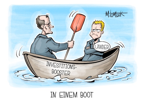 Cartoon: In einem Boot (medium) by Mirco Tomicek tagged bund,länder,investitions,booster,steuern,steuerausfälle,verschuldung,wirtschaft,wirtschaftswachstum,bundestag,friedrich,merz,industrie,cartoon,karikatur,pressekarikatur,mirco,tomicek,bund,länder,investitions,booster,steuern,steuerausfälle,verschuldung,wirtschaft,wirtschaftswachstum,bundestag,friedrich,merz,industrie,cartoon,karikatur,pressekarikatur,mirco,tomicek