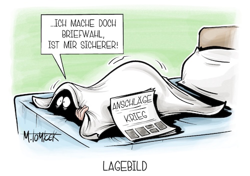 Cartoon: Lagebild (medium) by Mirco Tomicek tagged bundestagswahl,neuwahl,neuwahlen,wahl,wahlen,briefwahl,anschlag,münchen,anschläge,demos,demonstrationen,verdi,menschenmenge,auto,krieg,ukraine,russland,sicherheit,sicherheitskonferenz,karikatur,pressekarikatur,cartoon,mirco,tomicek,bundestagswahl,neuwahl,neuwahlen,wahl,wahlen,briefwahl,anschlag,münchen,anschläge,demos,demonstrationen,verdi,menschenmenge,auto,krieg,ukraine,russland,sicherheit,sicherheitskonferenz,karikatur,pressekarikatur,cartoon,mirco,tomicek