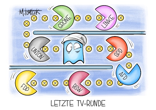 Cartoon: Letzte TV-Runde (medium) by Mirco Tomicek tagged ard,zdf,tv,fernsehen,fernsehsendung,sendung,schlussrunde,finale,debatte,wahlkampf,wahl,wahlen,neuwahl,bundestagswahl,interview,union,cdu,csu,spd,linke,grüne,bsw,fdp,afd,tvdebatte,parteien,partei,wähler,pacman,karikatur,pressekarikatur,cartoon,mirco,tomicek,ard,zdf,tv,fernsehen,fernsehsendung,sendung,schlussrunde,finale,debatte,wahlkampf,wahl,wahlen,neuwahl,bundestagswahl,interview,union,cdu,csu,spd,linke,grüne,bsw,fdp,afd,tvdebatte,parteien,partei,wähler,pacman,karikatur,pressekarikatur,cartoon,mirco,tomicek