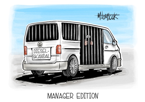 Cartoon: Manager-Edition (medium) by Mirco Tomicek tagged urteil,gericht,gerichtsurteil,haft,ex,manager,gefängnis,vw,volkswagen,diesel,affäre,skandal,dieselskandal,dieselaffäre,bulli,karikatur,pressekarikatur,cartoon,mirco,tomicek,urteil,gericht,gerichtsurteil,haft,ex,manager,gefängnis,vw,volkswagen,diesel,affäre,skandal,dieselskandal,dieselaffäre,bulli,karikatur,pressekarikatur,cartoon,mirco,tomicek
