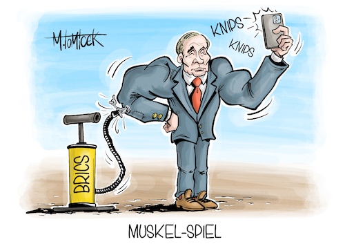 Cartoon: Muskel-Spiel (medium) by Mirco Tomicek tagged brics,gipfel,russland,russisch,kasan,wladimir,putin,ukraine,krieg,länder,cartoon,karikatur,pressekarikatur,mirco,tomicek,brics,gipfel,russland,russisch,kasan,wladimir,putin,ukraine,krieg,länder,cartoon,karikatur,pressekarikatur,mirco,tomicek