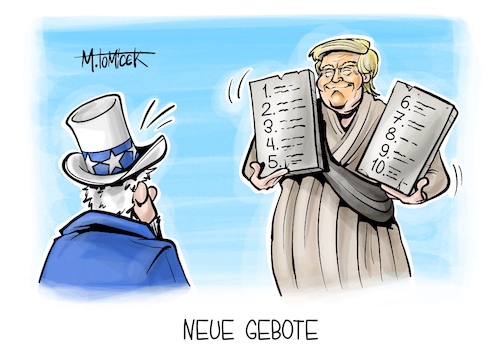 Cartoon: Neue Gebote (medium) by Mirco Tomicek tagged donald,trump,amtseinführung,amt,päsident,präsidentschaft,usa,amerika,us,gesetze,gesetz,joe,biden,europa,zölle,zehn,gebote,karikatur,pressekarikatur,cartoon,mirco,tomicek,donald,trump,amtseinführung,amt,päsident,präsidentschaft,usa,amerika,us,gesetze,gesetz,joe,biden,europa,zölle,zehn,gebote,karikatur,pressekarikatur,cartoon,mirco,tomicek