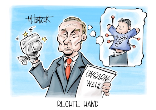 Cartoon: Rechte Hand (medium) by Mirco Tomicek tagged parlamentswahl,wahl,wahlen,ungarn,opposition,magyar,gewählt,wähler,stimmen,zweidrittel,viktor,orban,putin,karikatur,cartoon,pressekarikatur,mirco,tomicek,parlamentswahl,wahl,wahlen,ungarn,opposition,magyar,gewählt,wähler,stimmen,zweidrittel,viktor,orban,putin,karikatur,cartoon,pressekarikatur,mirco,tomicek