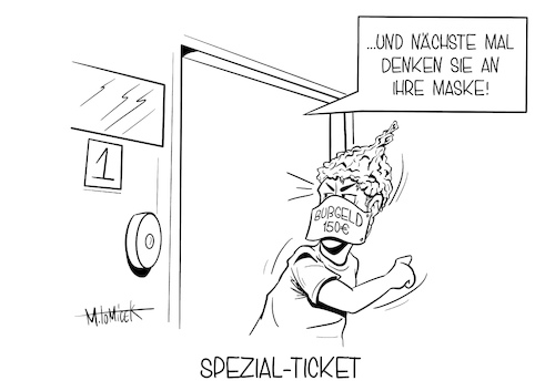 Cartoon: Spezial-Ticket (medium) by Mirco Tomicek tagged bußgeld,150,euro,nrw,nordrhein,westfalen,maskenpflicht,masken,maske,mundschutz,schutz,muffel,bus,bahn,zug,db,deutsche,corona,covid19,virus,anstecken,infiziert,aluhelm,alu,straße,zahlen,zahlung,cartoon,karikatur,mirco,tomicek,bußgeld,150,euro,nrw,nordrhein,westfalen,maskenpflicht,masken,maske,mundschutz,schutz,muffel,bus,bahn,zug,db,deutsche,corona,covid19,virus,anstecken,infiziert,aluhelm,alu,straße,zahlen,zahlung,cartoon,karikatur,mirco,tomicek