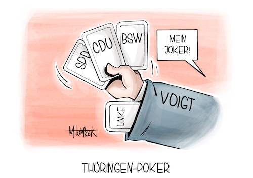 Cartoon: Thüringen-Poker (medium) by Mirco Tomicek tagged mario,voigt,thüringen,thüringer,ministerpräsident,wahl,gewählt,hilfe,linke,linken,cdu,spd,bsw,koalition,koalitionsvertrag,vertrag,ass,im,ärmel,poker,karikatur,pressekarikatur,cartoon,mirco,tomicek,mario,voigt,thüringen,thüringer,ministerpräsident,wahl,gewählt,hilfe,linke,linken,cdu,spd,bsw,koalition,koalitionsvertrag,vertrag,ass,im,ärmel,poker,karikatur,pressekarikatur,cartoon,mirco,tomicek