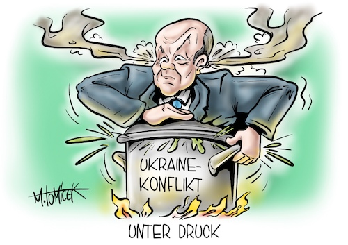 Cartoon: Unter Druck (medium) by Mirco Tomicek tagged olaf,scholz,ukraine,krise,konflikt,kiew,reise,reist,bundeskanzler,kanzler,russland,moskau,waffenlieferung,waffen,lieferung,grenze,krieg,frieden,kriegswarnung,cartoon,karikatur,pressekarikatur,mirco,tomicek,olaf,scholz,ukraine,krise,konflikt,kiew,reise,reist,bundeskanzler,kanzler,russland,moskau,waffenlieferung,waffen,lieferung,grenze,krieg,frieden,kriegswarnung,cartoon,karikatur,pressekarikatur,mirco,tomicek