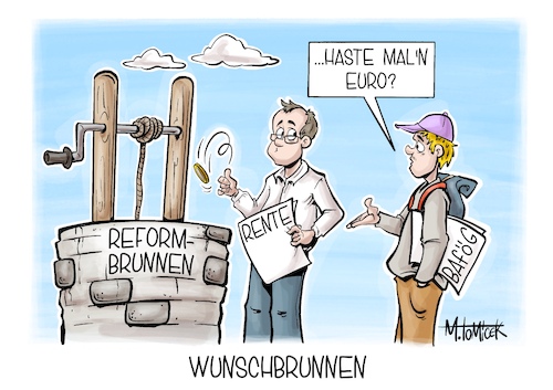 Cartoon: Wunschbrunnen (medium) by Mirco Tomicek tagged reformen,bafög,reform,rente,rentenreform,renten,bas,arbeit,schule,uni,studieren,studierende,schüler,arbeiten,koalition,regierung,union,spd,streit,debatten,debatte,karikatur,cartoon,pressekarikatur,mirco,tomicek,reformen,bafög,reform,rente,rentenreform,renten,bas,arbeit,schule,uni,studieren,studierende,schüler,arbeiten,koalition,regierung,union,spd,streit,debatten,debatte,karikatur,cartoon,pressekarikatur,mirco,tomicek