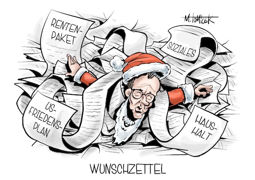 Cartoon: Wunschzettel (medium) by Mirco Tomicek tagged friedrich,merz,koalition,regierung,kritik,rente,rentenpaket,paket,renten,arbeit,soziales,haushalt,etat,finanzen,ukraine,krieg,russland,usa,us,amerika,friedensplan,frieden,plan,weihnachten,wunschzettel,cartoon,karikatur,pressekarikatur,mirco,tomicek,friedrich,merz,koalition,regierung,kritik,rente,rentenpaket,paket,renten,arbeit,soziales,haushalt,etat,finanzen,ukraine,krieg,russland,usa,us,amerika,friedensplan,frieden,plan,weihnachten,wunschzettel,cartoon,karikatur,pressekarikatur,mirco,tomicek