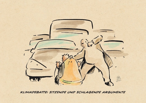 Cartoon: Sitzende u schlagende Argument (medium) by Guido Kuehn tagged klima,blockade,autofahrer,essen,verkehr,aktivisten,sitzblockade,klima,blockade,autofahrer,essen,verkehr,aktivisten,sitzblockade